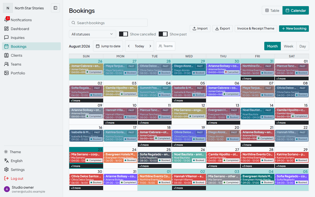 Gallurio month calendar populated with event bookings and status colours
