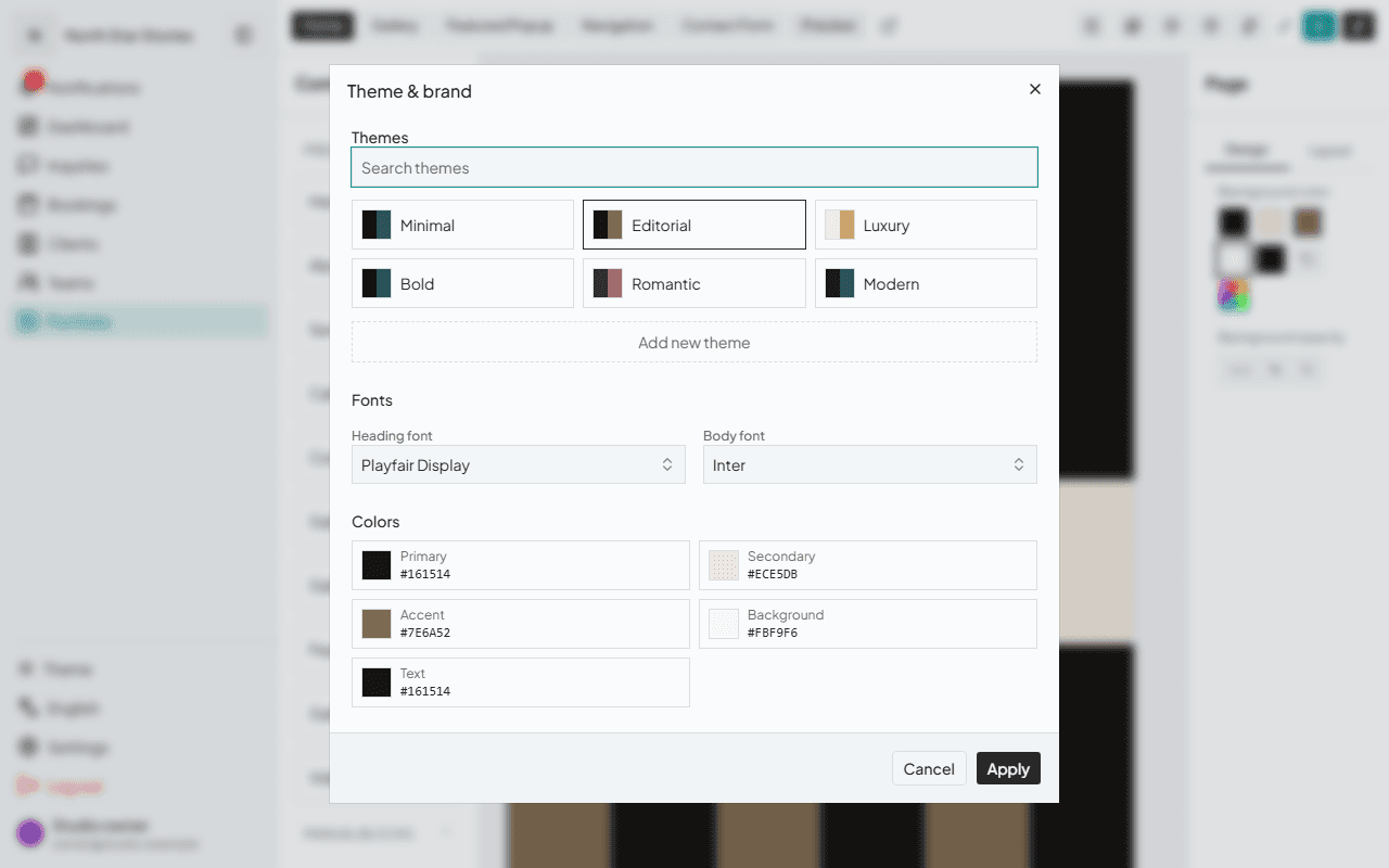 Gallurio portfolio editor theme panel with brand colours, fonts, and control styling
