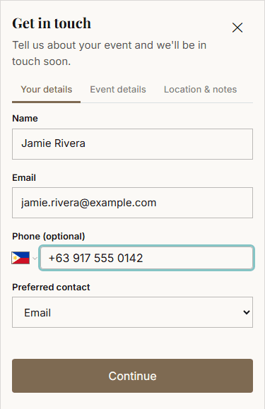 Step one of the Gallurio inquiry flow with fictional contact details entered in the public form before submission