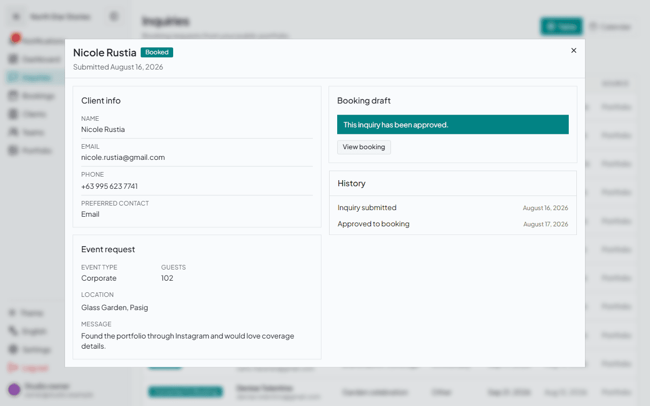 Step two of the Gallurio inquiry flow showing an approved inquiry and its linked booking action