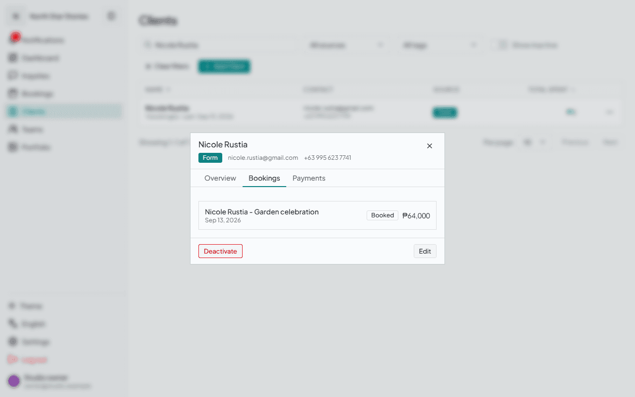 Step three of the Gallurio inquiry flow showing the matching client record and its booked event
