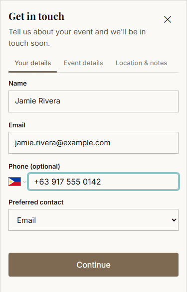 The contact and booking inquiry form on a published Gallurio portfolio