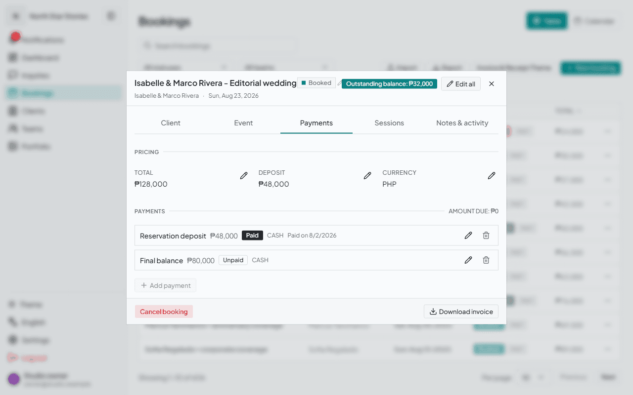 Gallurio booking payment detail showing the total, deposit, paid and unpaid balances, and invoice download action