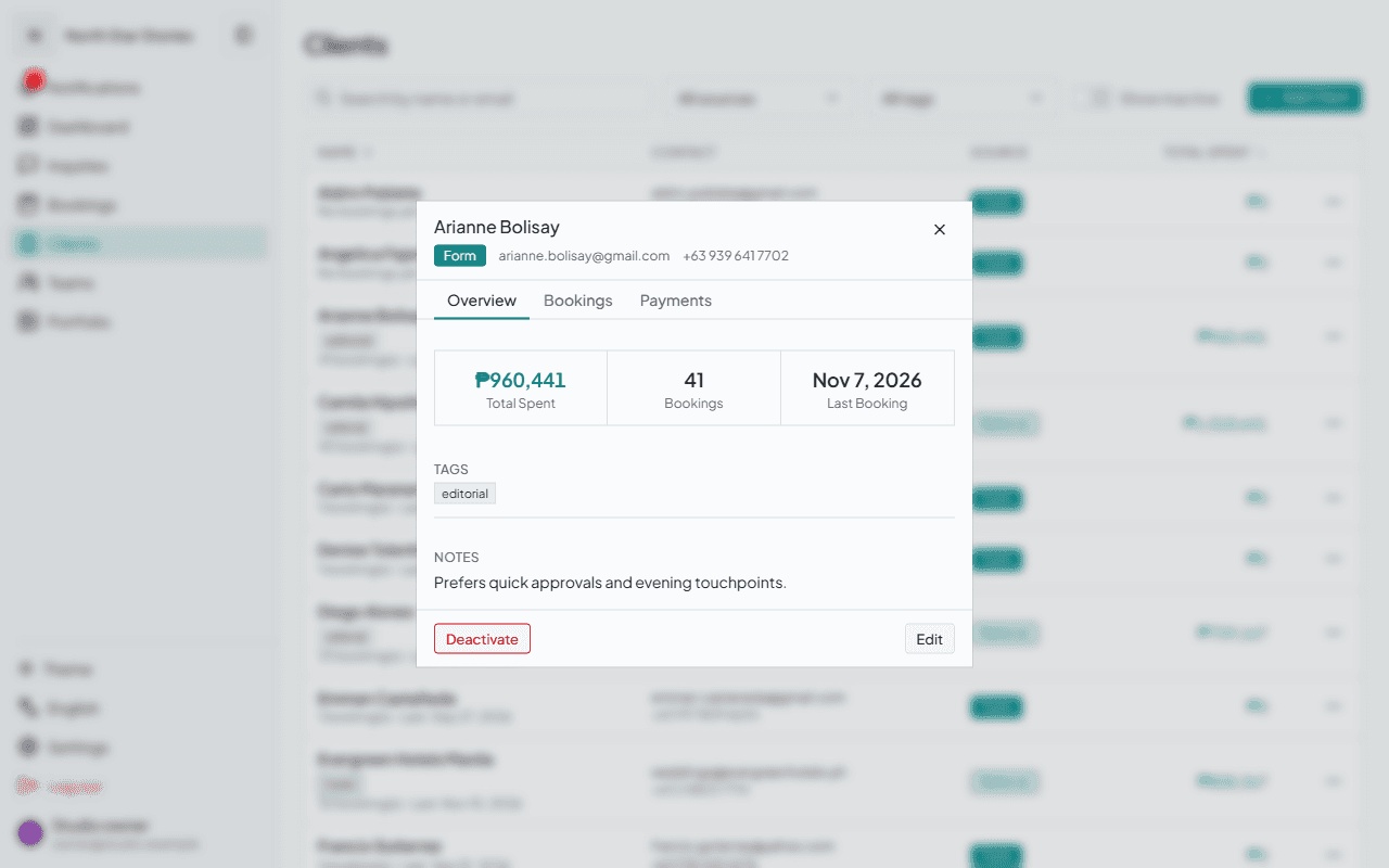 Gallurio client record showing contact details, total spent, booking count, tags, and notes